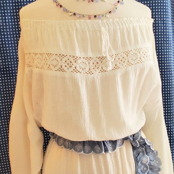Vintage circa 1978 Bohemian Crochet Panels and Woven Cotton blend Midi Dress SzS - Picture 9 of 11